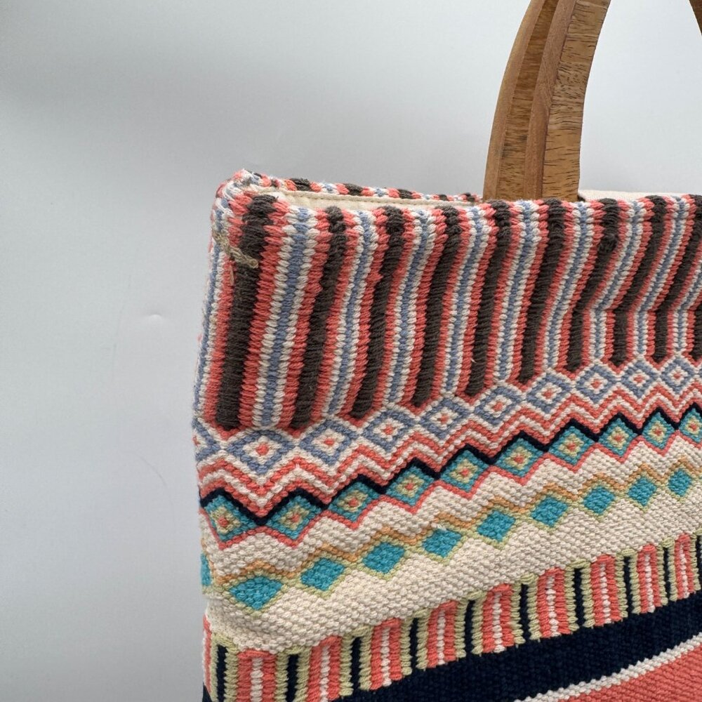 J Jill Multicolored Woven Cotton Tote Bag with Wood Handles Boho bohemian summer - Picture 3 of 15